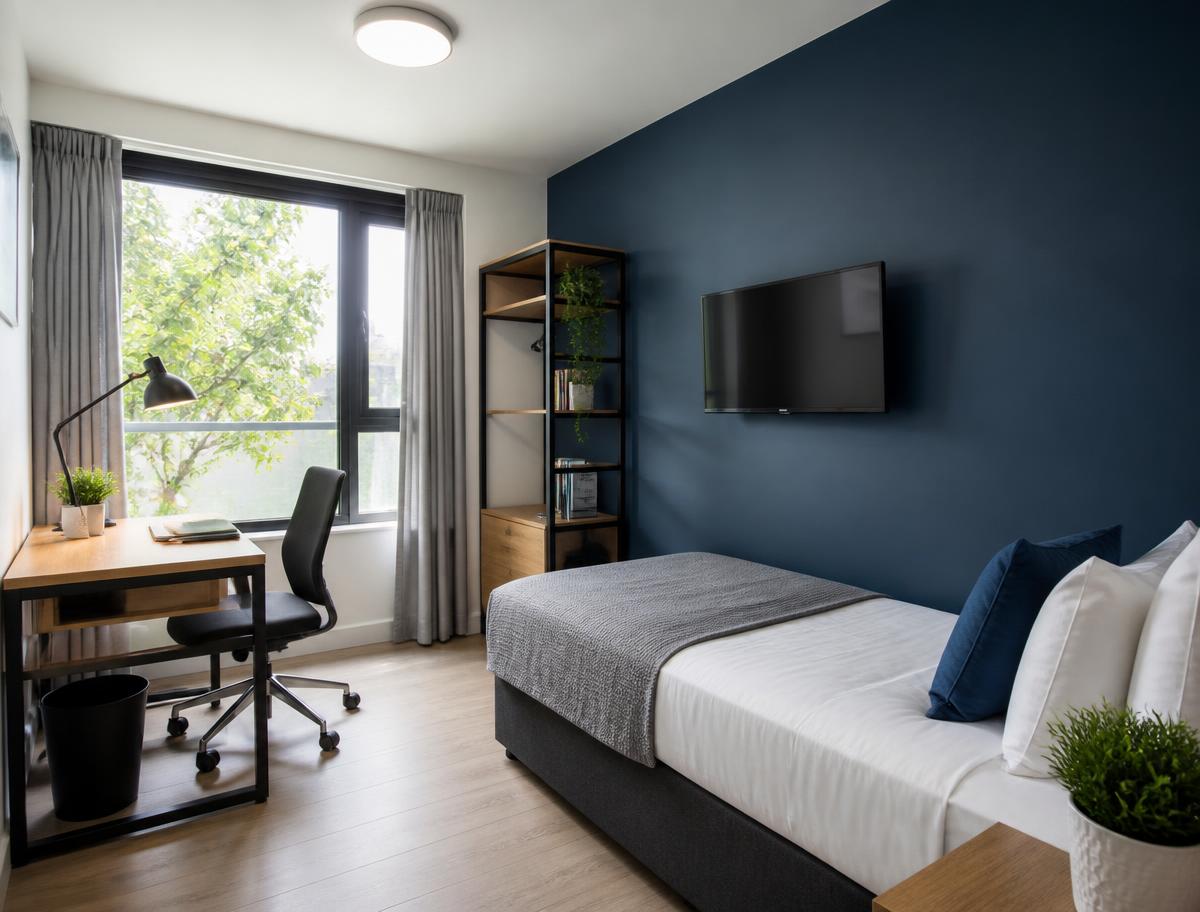Einzelzimmer mit Schreibtisch, TV und dunkelblauer Akzentwand